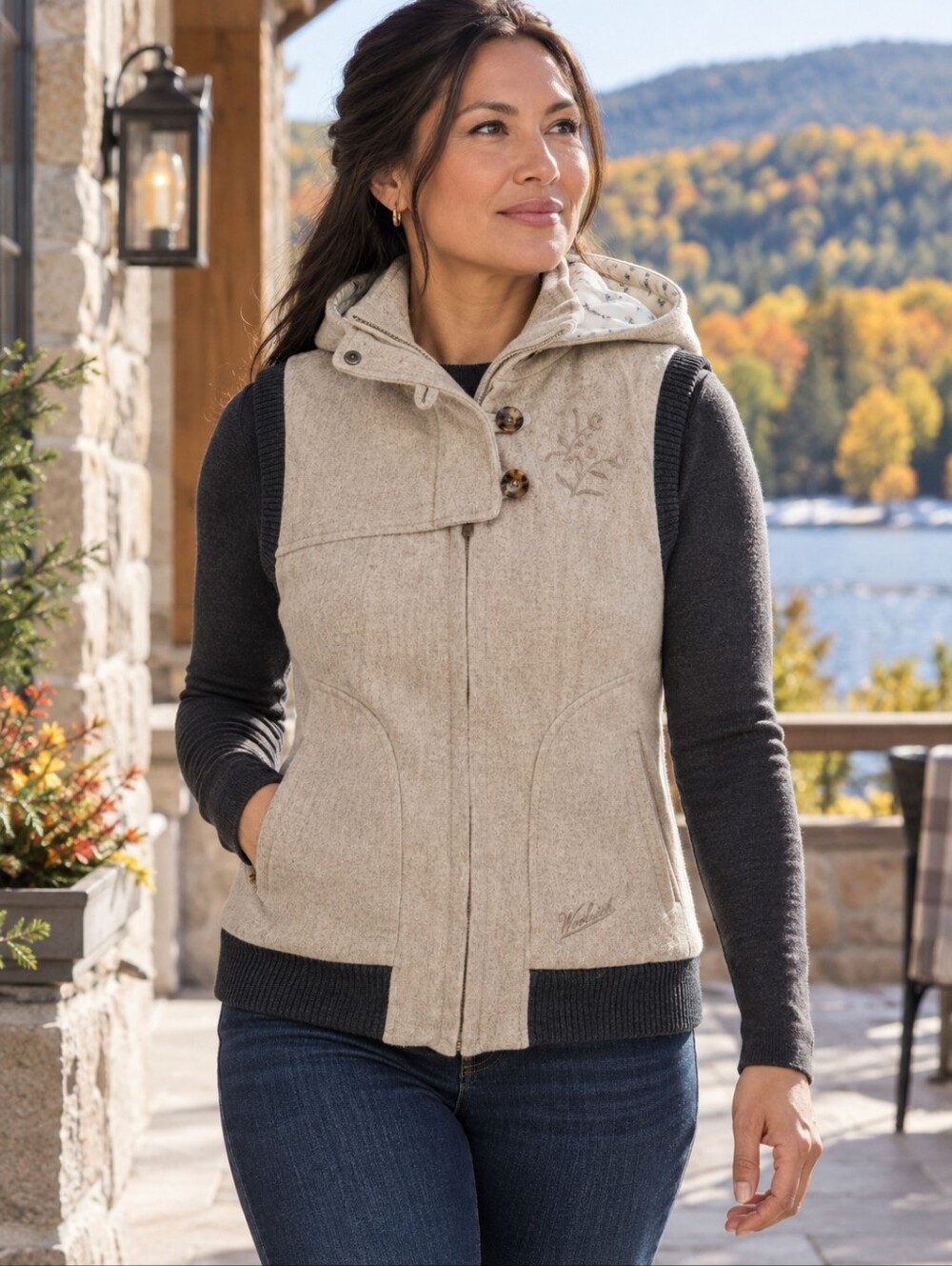 Woolrich Wool Hooded Insulated Vest M Oatmeal Heather Floral Quilted 18522
